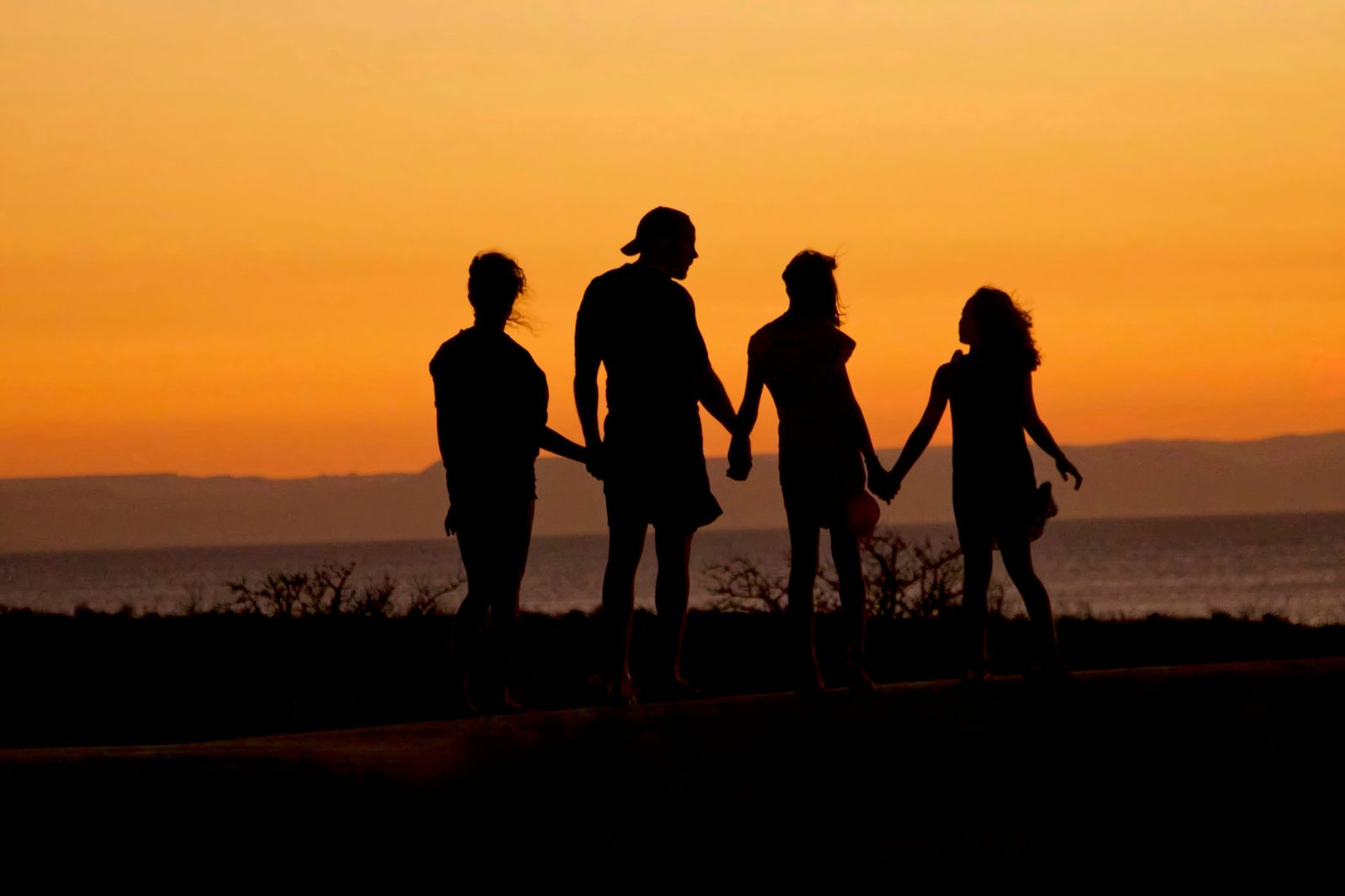 Silhouette of four people holding hands at sunset by the sea